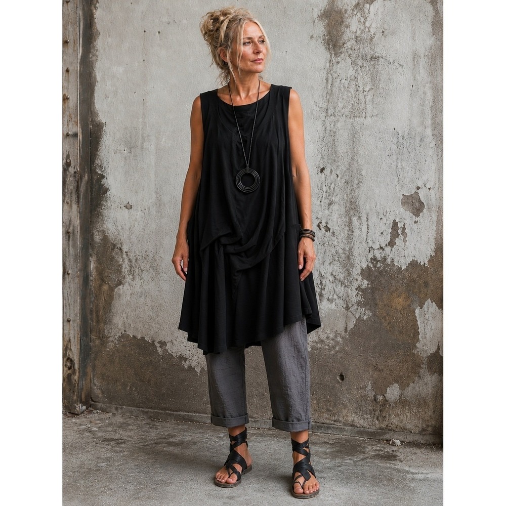 Moyuru Black Sleeveless Draped Asymmetrical Tunic Dress Lagenlook Avant Garde- L